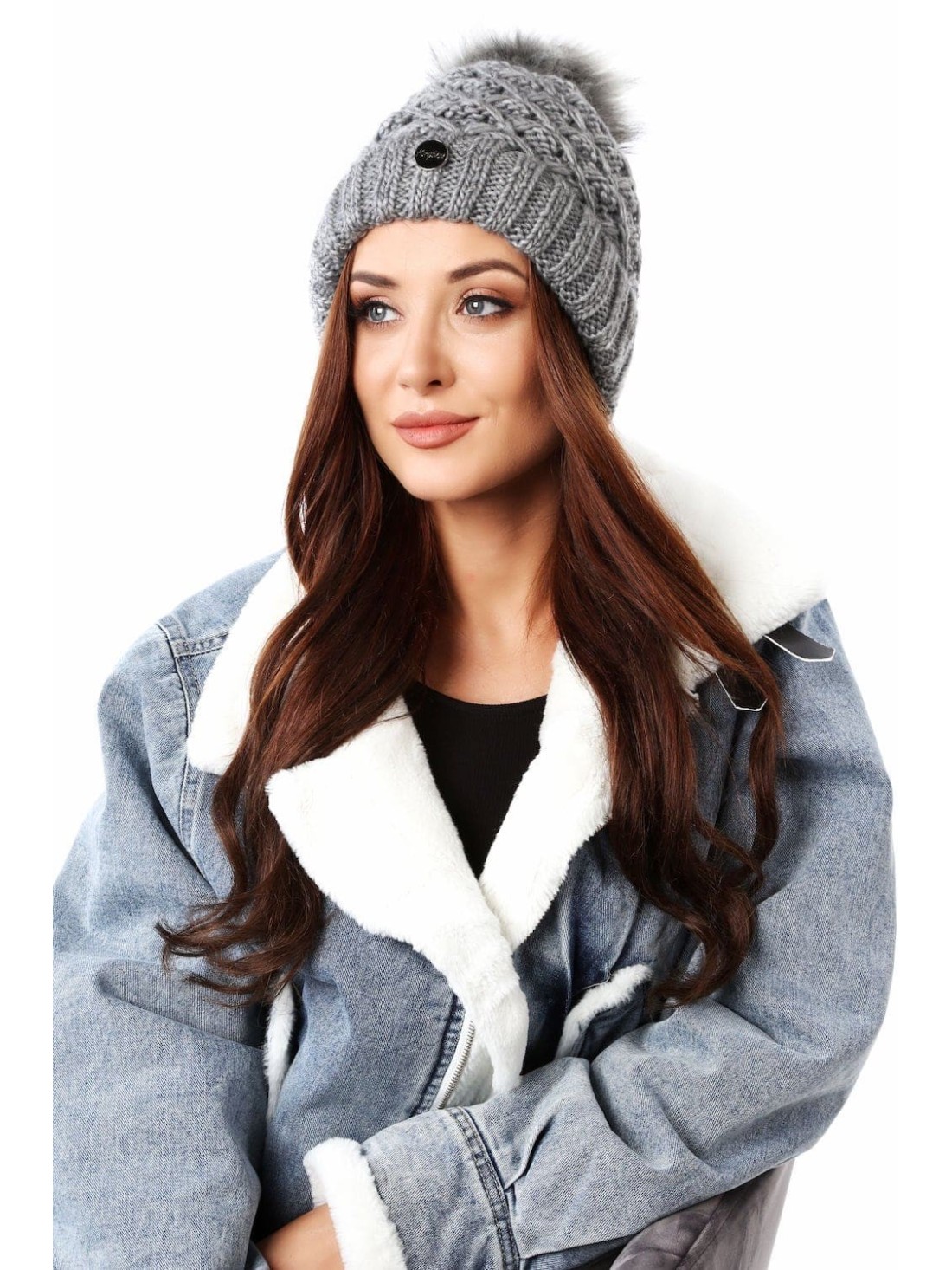 Warm winter hat with a pompom, dark gray C37 - Online store - Boutique